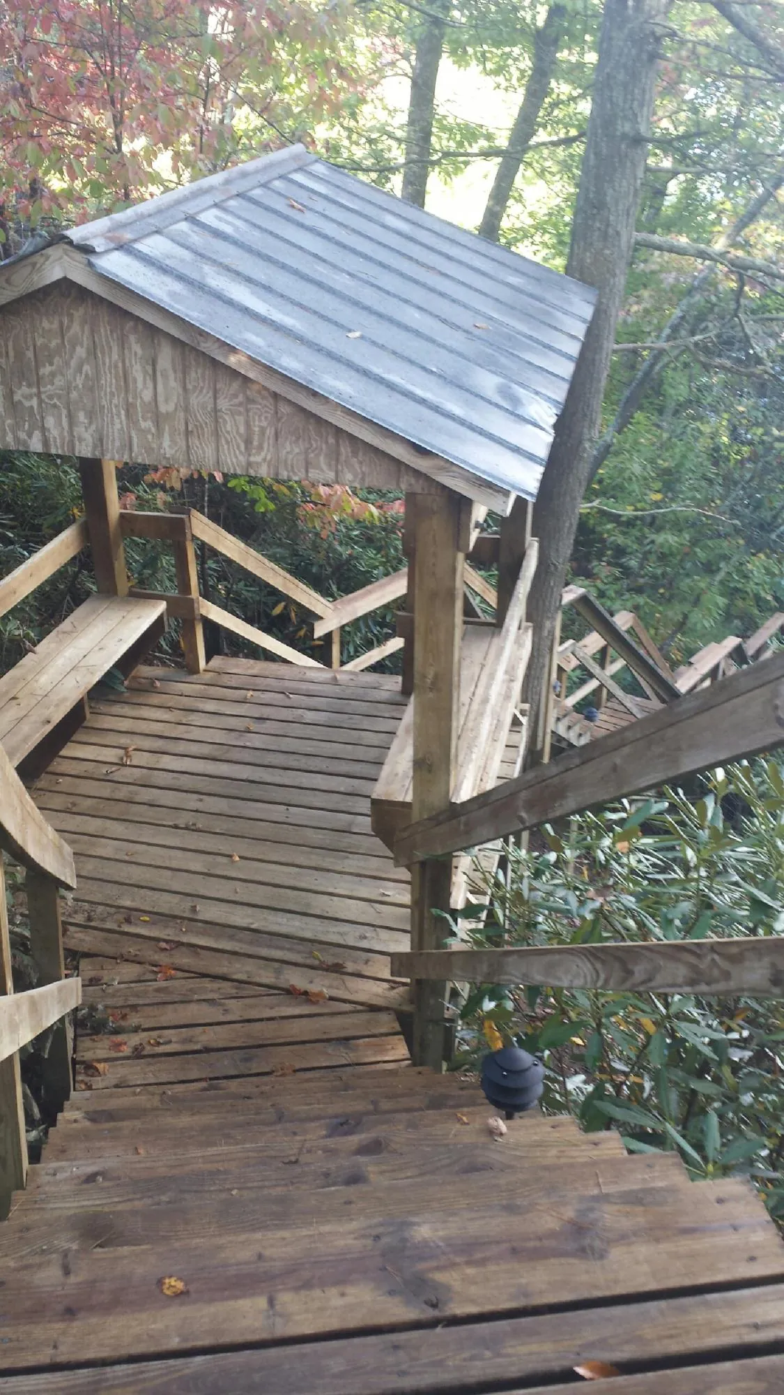 Metal roofed shelter over wooden steps on a wooded walkway — Skylight Repair & Installation work by our crew in Modesto